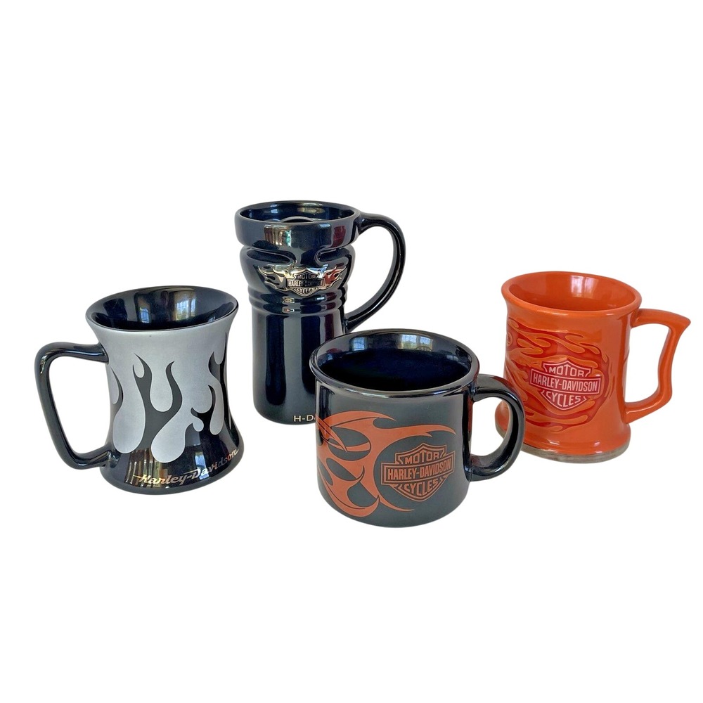 Lot of 4 Harley Davidson Licensed Coffee Mugs‎ Orange & Black Flames Early 2000s